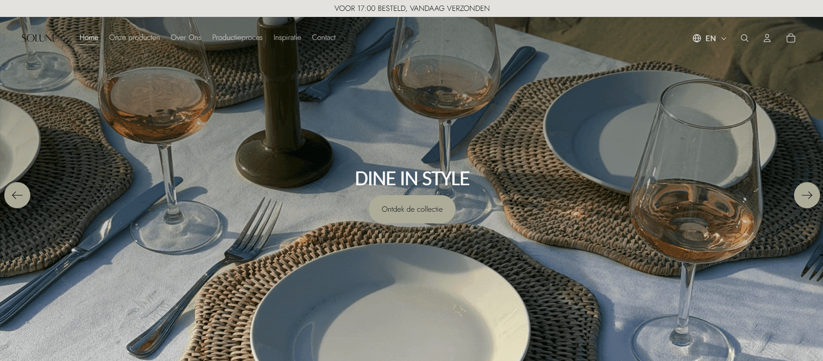 The Solune Living storefront homepage